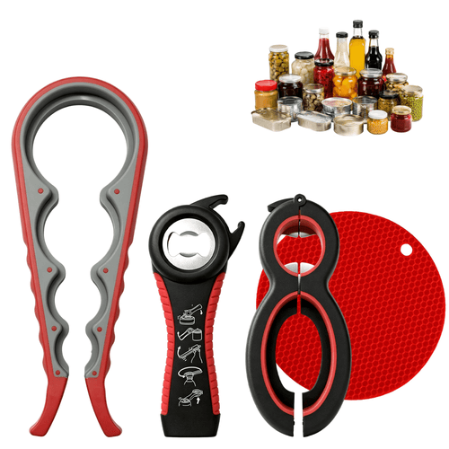 4 Pack Jar Opener Set, 5 in 1Multi Function Bottle Opener, Non Slip Bottle Can Opener Gripper Kit, Silicone Jar Gripper Pad & Manual Lid Openers for Seniors Arthritic Hands