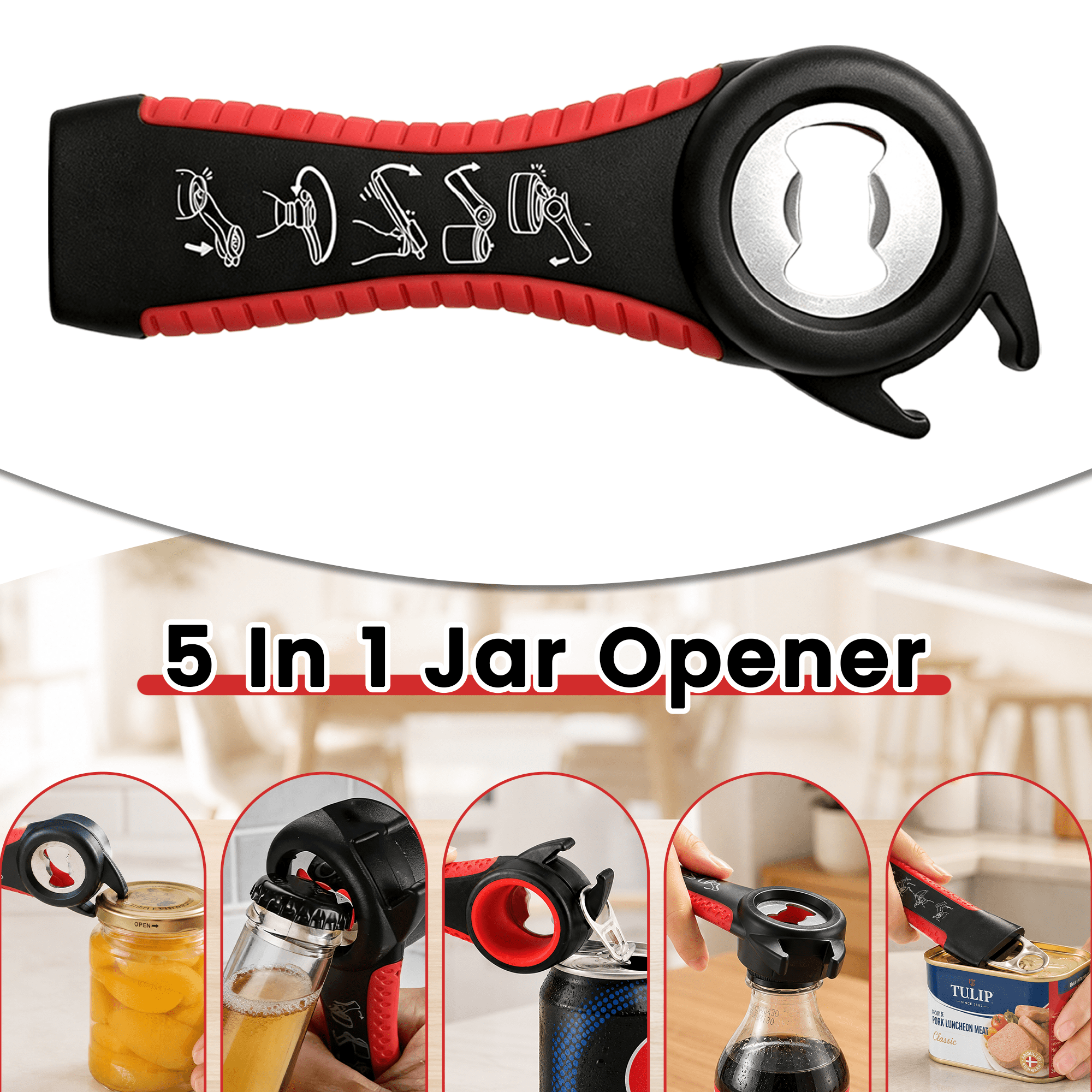 4 Pack Jar Opener Set, 5 in 1Multi Function Bottle Opener, Non Slip Bottle Can Opener Gripper Kit, Silicone Jar Gripper Pad & Manual Lid Openers for Seniors Arthritic Hands