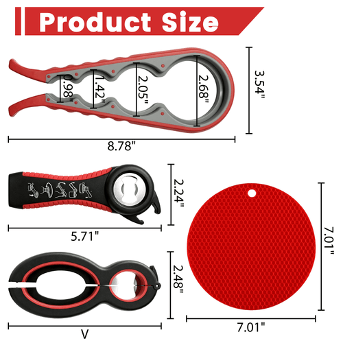 4 Pack Jar Opener Set, 5 in 1Multi Function Bottle Opener, Non Slip Bottle Can Opener Gripper Kit, Silicone Jar Gripper Pad & Manual Lid Openers for Seniors Arthritic Hands