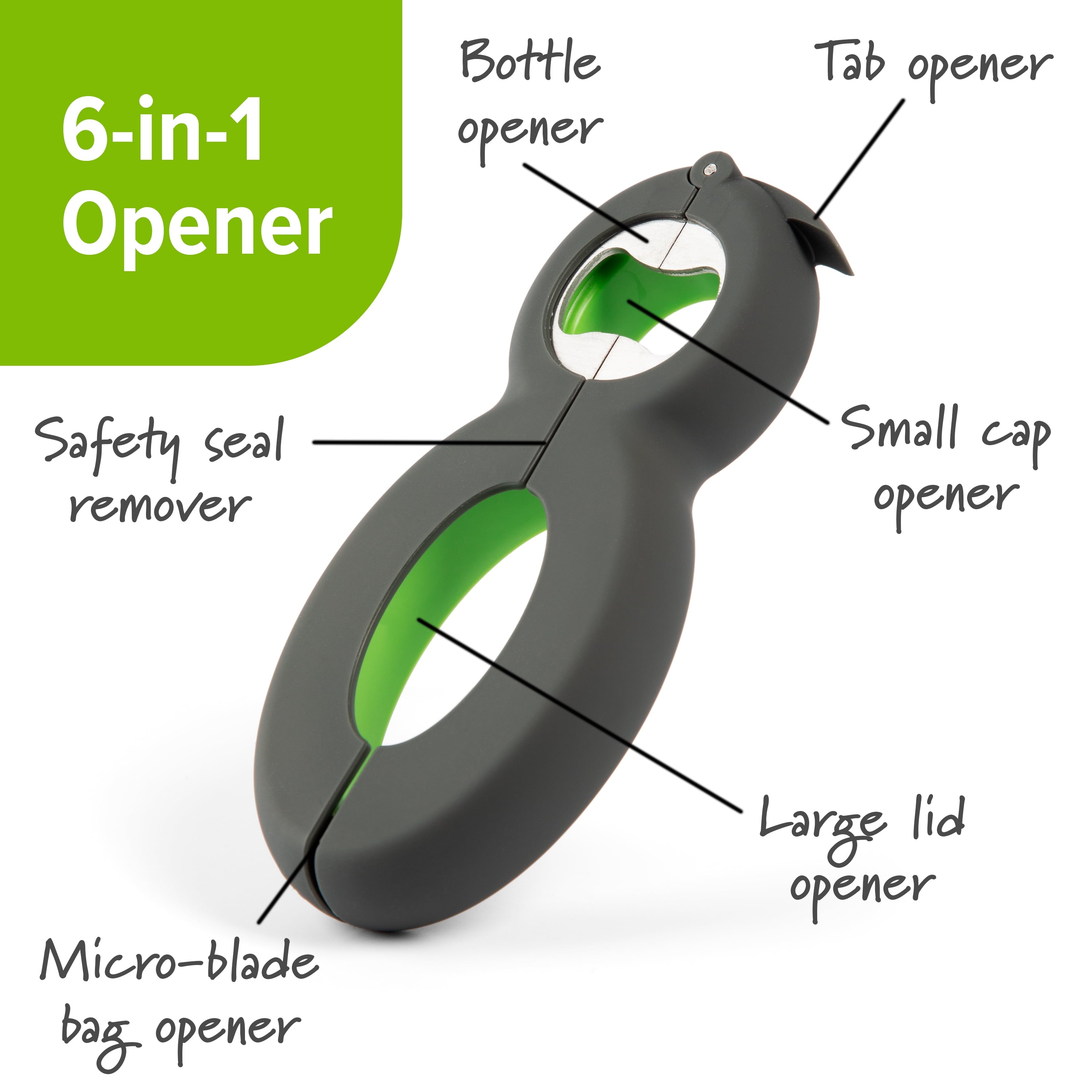 Prep Solutions 6-in-1 Multi Opener With Non-Slip Grip for Jars, Cans, and Bottles