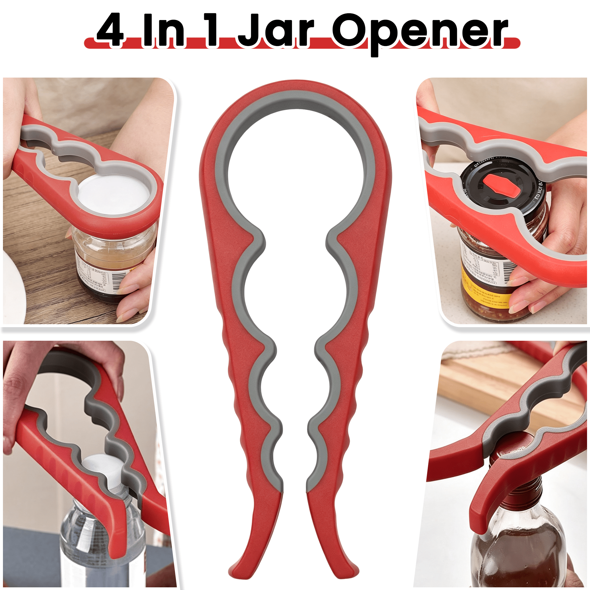 4 Pack Jar Opener Set, 5 in 1Multi Function Bottle Opener, Non Slip Bottle Can Opener Gripper Kit, Silicone Jar Gripper Pad & Manual Lid Openers for Seniors Arthritic Hands